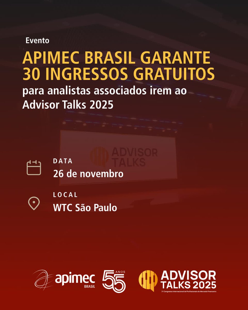 Estamos apoiando o 𝗔𝗱𝘃𝗶𝘀𝗼𝗿 𝗧𝗮𝗹𝗸𝘀 𝟮𝟬𝟮𝟱 - 3º Congresso Internacional do Mercado Financeiro.
Como parte da parceria, liberamos 𝟯𝟬 𝗶𝗻𝗴𝗿𝗲𝘀𝘀𝗼𝘀 𝗴𝗿𝗮𝘁𝘂𝗶𝘁𝗼𝘀 para analistas associados, por ordem de inscrição: survey.zohopublic.com/zs/alCI5W