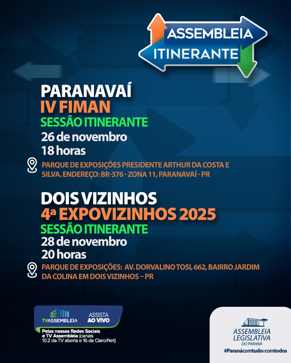 A Assembleia Itinerante tá na estrada de novo, e vem aí uma semana daquelas!
Desta vez, o Parlamento paranaense desembarca em duas regiões cheias de história, força e gente trabalhadora: o Noroeste e o Sudoeste! 💙💛
É a Alep indo onde o povo está, ouvindo de perto cada demanda.