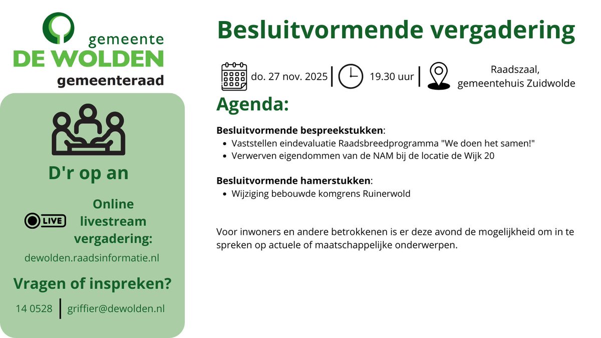 📅 Aanstaande donderdag 27 november vergadert de raad van #DeWolden tijdens de besluitvormende vergadering. De vergadering start om 19.30u. Je bent van harte welkom op de tribune. 💬Inspreken? Meld je vandaag aan vóór 16.30u. Of kijk live mee via: dewolden.raadsinformatie.nl/vergadering/12…