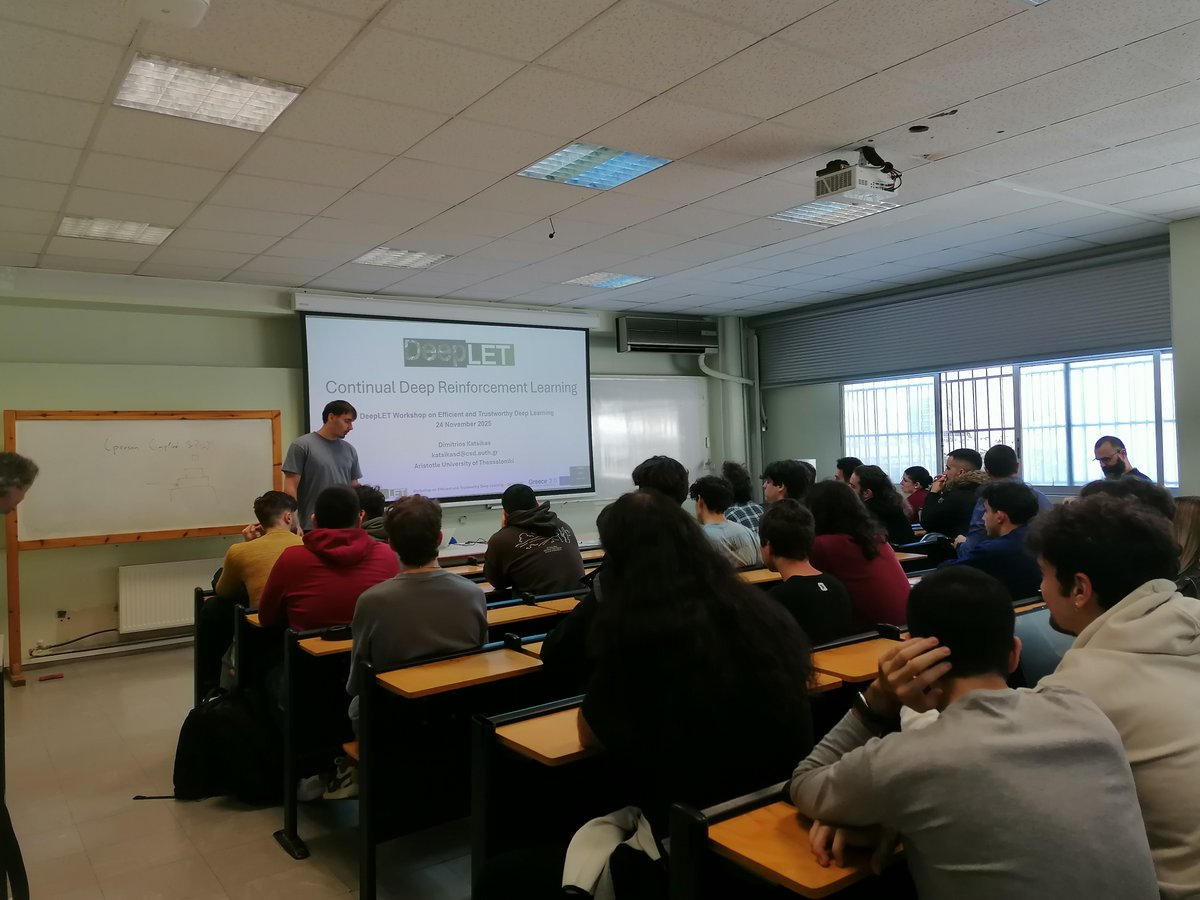 DeepletProject's tweet image. Next presentation for our today&apos;s workshop &quot;Efficient and Trustworthy Deep Learning&quot; is on &quot;Continual Deep Reinforcement Learning&quot; by the DeepLET researcher Dimitris Katsikas!
𝘏𝘍𝘙𝘐-𝘗𝘳𝘰𝘫𝘦𝘤𝘵 𝘯𝘶𝘮𝘣𝘦𝘳:16762 #hfri #eu #elidek #greece2_0 #ai #DeepLearning
