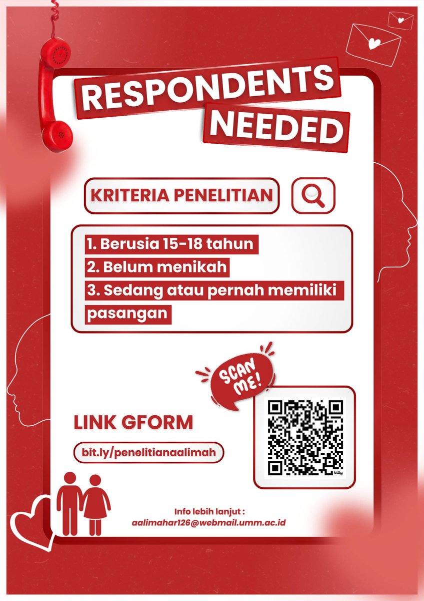 [cm] Hi! Aku lagi butuh responden untuk penelitian skripsiku nihh
Kalo kamu usia 15–18 tahun dan pernah/sedang punya pasangan, boleh banget bantu isi kuesioner aku yaaa!!
Cuma 5–10 menit kok. Thank you🤍