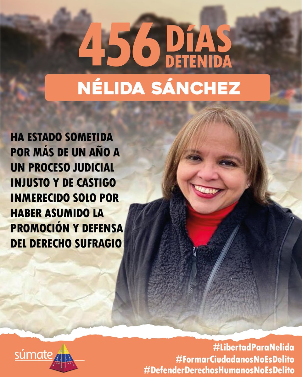 Mensaje para X (Twitter)
Nuestra Coordinadora Nacional de Formación Ciudadana Electoral y defensora de los derechos humanos, Nélida Sánchez, cumple hoy #24Noviembre 456 días en prisión, siendo inocente.

Ha sido sometida por más de un año a un proceso judicial injusto, imputada