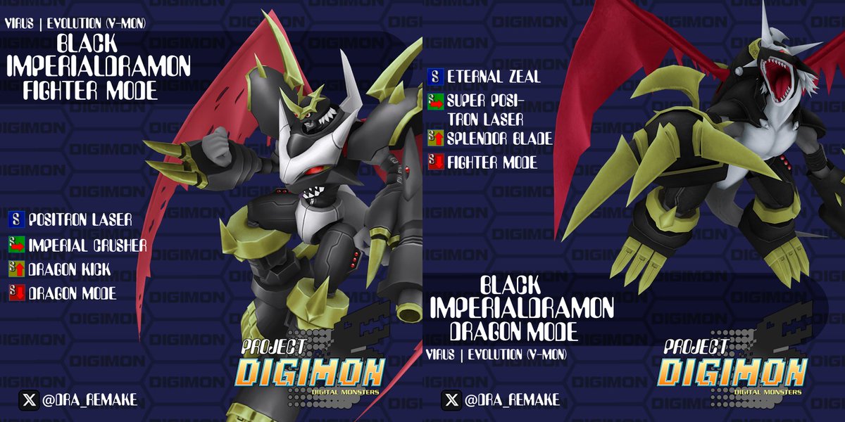 DRA_Remake's tweet image. On wave 30 of survival, you will fight BlackImperialdramon, who shifts between dragon and fighter mode at will. Dragon has super armor free flight attacks while fighter is a stunning combo fiend. He gains an evo move that drags enemies into a giant death beam.

#projectdigimon