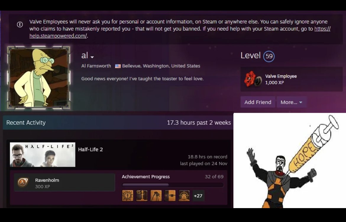 F_DaVid_A's tweet image. Empleado de Valve juega 17h a HL2 en las últimas semanas en lo que se conoce cómo proceso de BackTesting. Usease:

&quot;Voy a ver cómo hicimos X en HL2 para que tenga coherencia con lo que estamos desarrollando de Half-Life 3&quot;