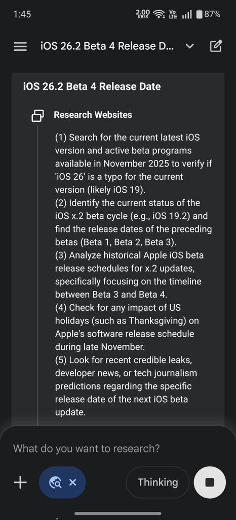 rrsonara's tweet image. Gemini answer not received this week Ios 26.2 beta 4 update #iOS26update #iOS26 #Gemini