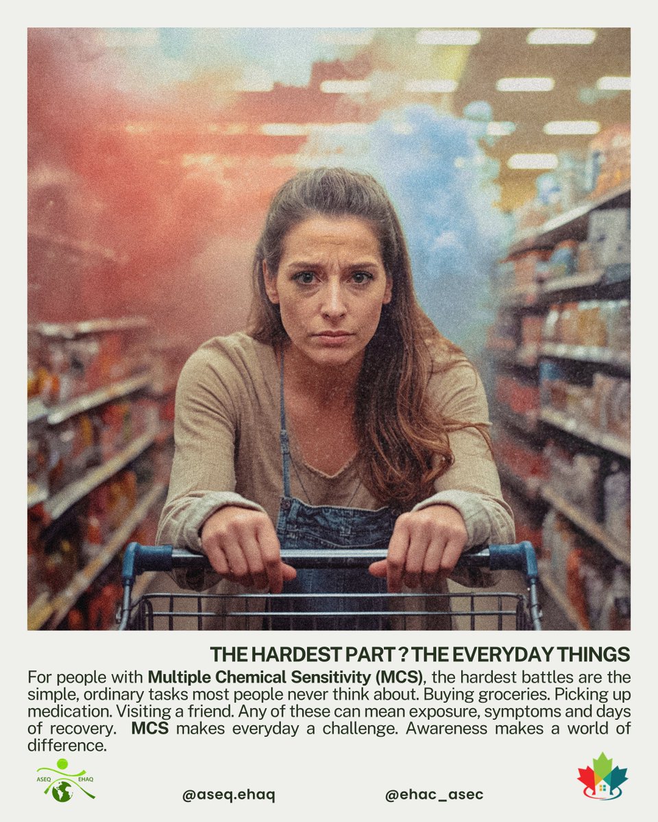 EHAC_ASEC's tweet image. The Hardest Part ? The Everyday Things

For people with MCS, the hardest battles are the simple, ordinary tasks most people never think about. 

Buying groceries. Picking up medication. Visiting a friend. Any of these can mean exposure, symptoms and days of recovery.