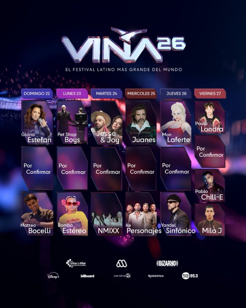 ChileanCrave's tweet image. Line-up per day for Viña 2026

📺: Mega, Mega2
💻: MegaGO, Disney+, Billboard YouTube channel (only in the US)