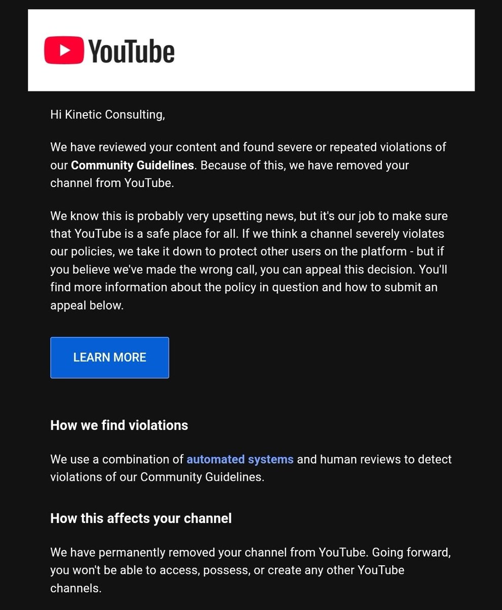It's official, YouTube has deleted my channel. Education will now only be available on patreon and my website blog Kinetic-consulting.net