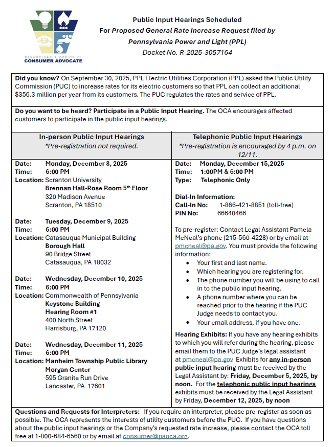 pa_oca's tweet image. Six Public Input Hearings have been scheduled in the
@PPLElectric #rateincrease request case. Learn more about the dates, times and locations: bit.ly/4a344Ku.