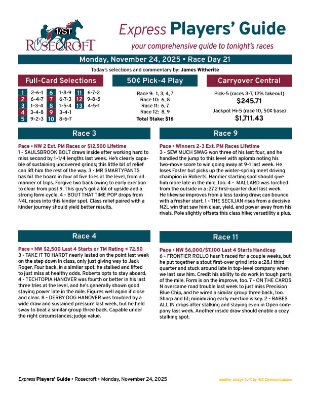 JamesWitherite's tweet image. Happy Monday ... which means #harnessracing at @Rosecroft tonight! First post is 7:15pm.

Get your free PPs and video at rosecroft.com and your #PlayersGuide right here:

See you in a few hours!