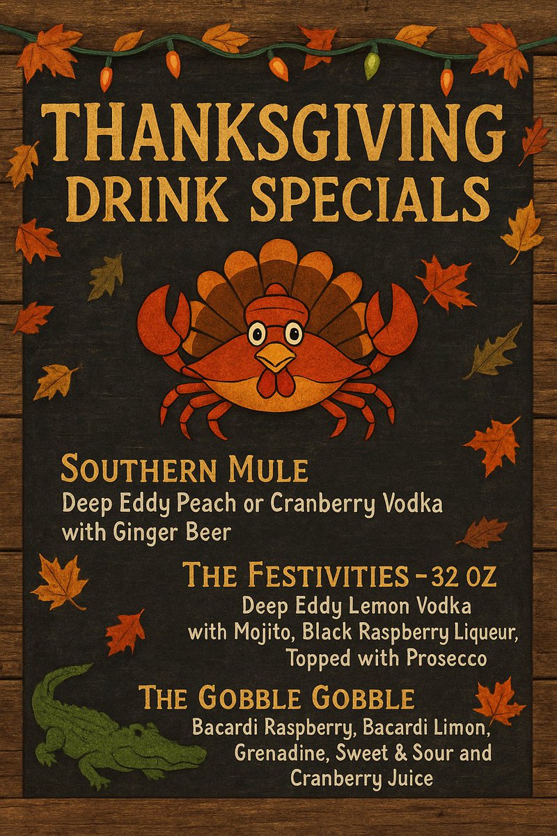 Thanksgiving just got tastier!
Sip your way into the holiday with our Southern Mule, the Festivities 32-oz monster, or the Gobble Gobble — a drink so good it’ll have you dancing like a turkey in the Gator Lagoon.

#fun #travel #savannah #thanksgiving #tybee #seafood