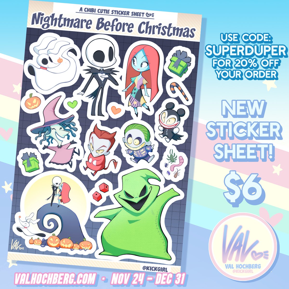 kickgirl's tweet photo. Hey everyone! I'm running a holiday sale on my website! (YAY~! 🎅)
The sale ends on Dec 31st!

https://t.co/Es3qZ4g0rG

Use the code: SUPERDUPER for 20% off.
Free 3" Santa Jack &amp; Zero sticker with all orders 💖

Check out my newest cute holiday stuff! 🤗
(US shipping only) https://t.co/neThFhd4u4
