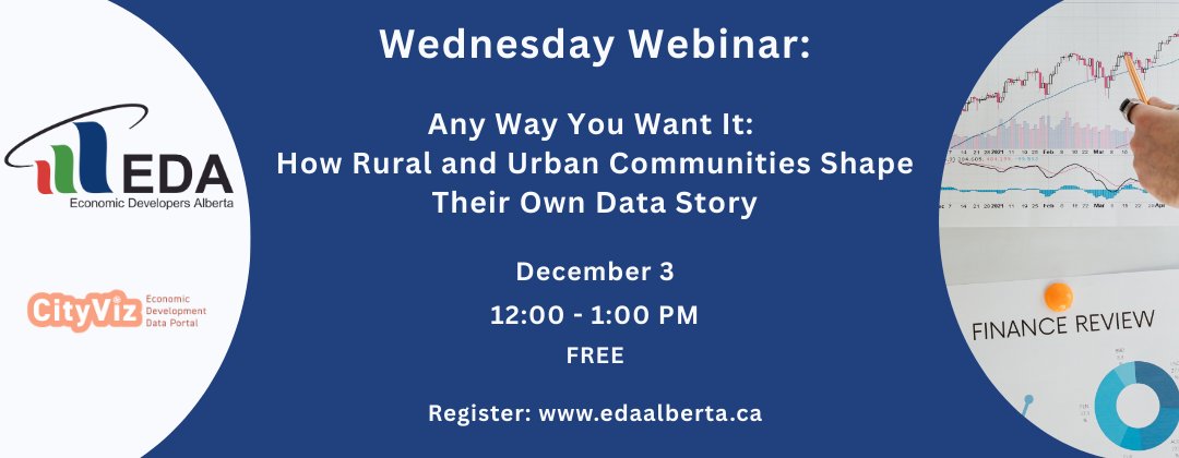edaalberta's tweet image. Discover how rural and urban communities are using data to tell powerful stories. Join EDA &amp;amp; @CityvizData  for a free webinar Dec 3, 12–1 PM MT. Register: members.edaalberta.ca/Calendar/morei…