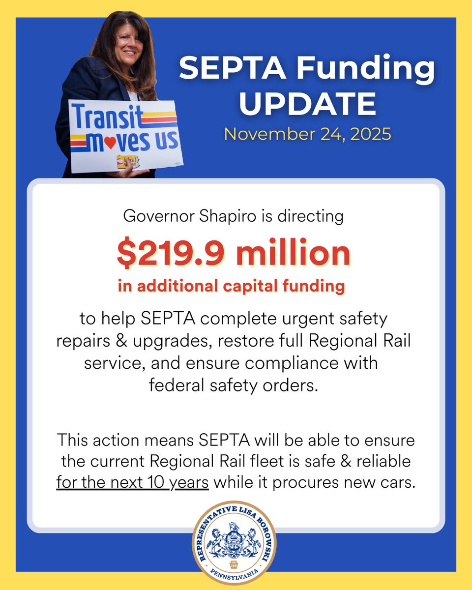 RepBorowski's tweet image. Neighbors, this is the best news I’ve received on a Monday in a long time! His action follows orders from two federal transit authorities concerning the safety of SEPTA’s Regional Rail cars. More details: pa.gov/governor/newsr…