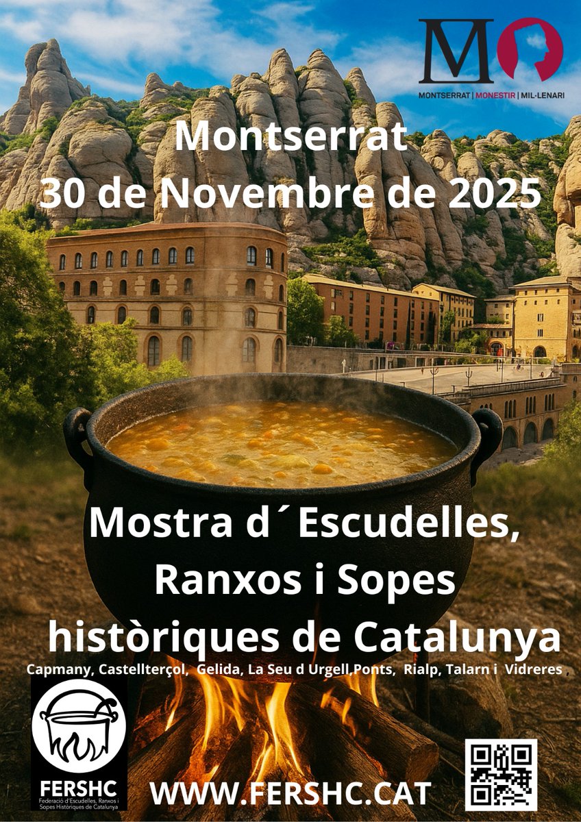 📣 Castellterçol al Mil·lenari de Montserrat!
Aquest 30 de novembre, Castellterçol participarà a la Mostra d’Escudelles, Ranxos i Sopes històriques de Catalunya amb motiu del Mil·lenari del Monestir de Montserrat. 🍲✨