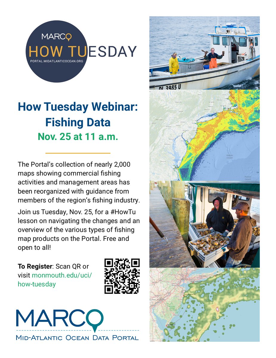 Tomorrow at 11: Join the UCI's Jay Odell and Karl Vilacoba for a tour of the <a href="/PortalMARCO/">Mid-Atlantic Ocean Data Portal</a>'s #fishing maps. Come find out what's new and in the works: portal.midatlanticocean.org/calendar/novem…