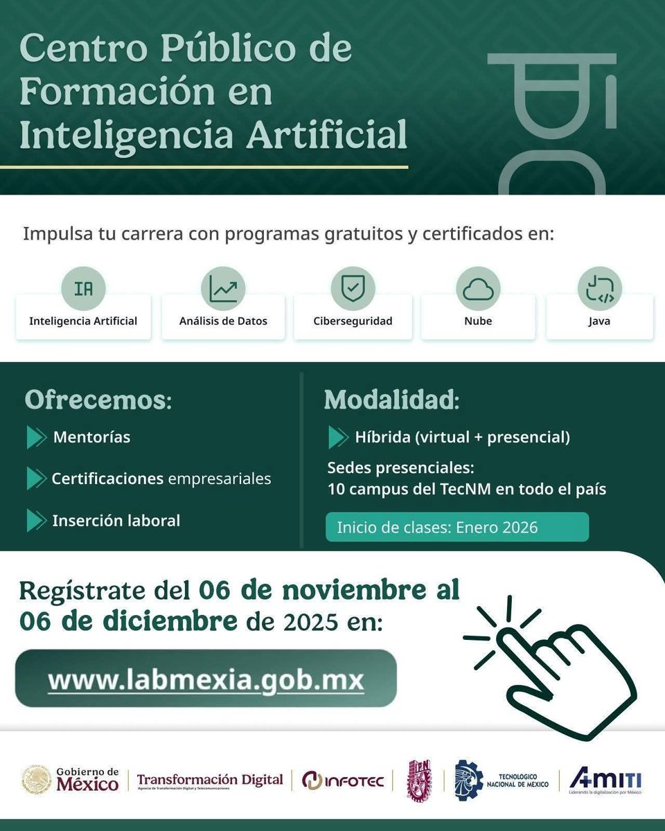 InfotecMexico's tweet image. Regístrate en los programas del Centro Público de Formación en Inteligencia Artificial. Podrás aprender sobre IA, análisis de datos, ciberseguridad, nube, Java y más.

📅 Registro del 06 de noviembre al 06 de diciembre de 2025.

🖥️ Ingresa a: labmexia.gob.mx