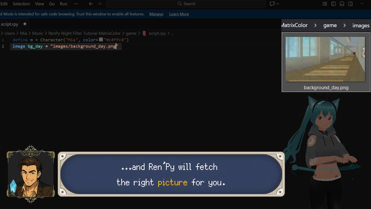 MiaCodeEx's tweet image. ~Hii Ren’Py &amp;amp; VN creators!😺

Free MatrixColor 5-min tutorial video is on the way — short, useful, purrfect for your VN! 🩵

Editing in progress, coming soon to the channel!
~Anything you want covered? Tell me 💬

~Love you🎄

#RenPy #VisualNovel #tutorial #IndieGameDev #YouTube