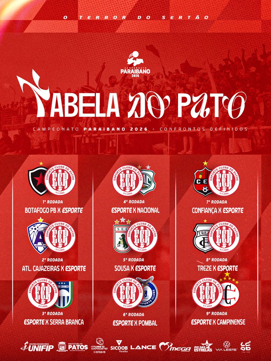 CONFRONTOS DEFINIDOS! 🇵🇪😎

O sorteio foi realizado nesta segunda-feira e agora o Pato conhece o caminho dos seus confrontos na primeira fase do Campeonato Paraibano 2026. 
Agora é foco total: VAI PRA CIMA DELES, PATO! 🇵🇪❤️

#EsporteDePatos
#OTerrorDoSertão
#VaiPraCimaDelesPato