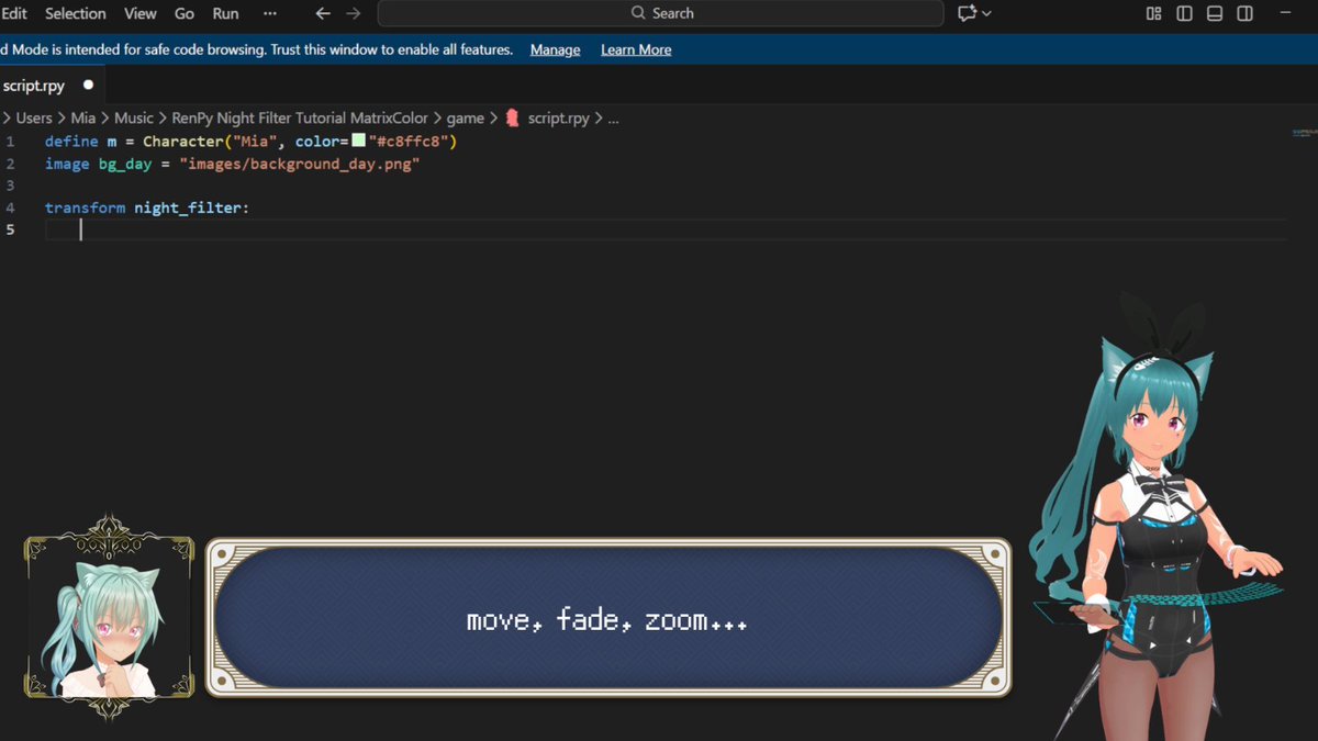 MiaCodeEx's tweet image. ~Hii Ren’Py &amp;amp; VN creators!😺

Free MatrixColor 5-min tutorial video is on the way — short, useful, purrfect for your VN! 🩵

Editing in progress, coming soon to the channel!
~Anything you want covered? Tell me 💬

~Love you🎄

#RenPy #VisualNovel #tutorial #IndieGameDev #YouTube