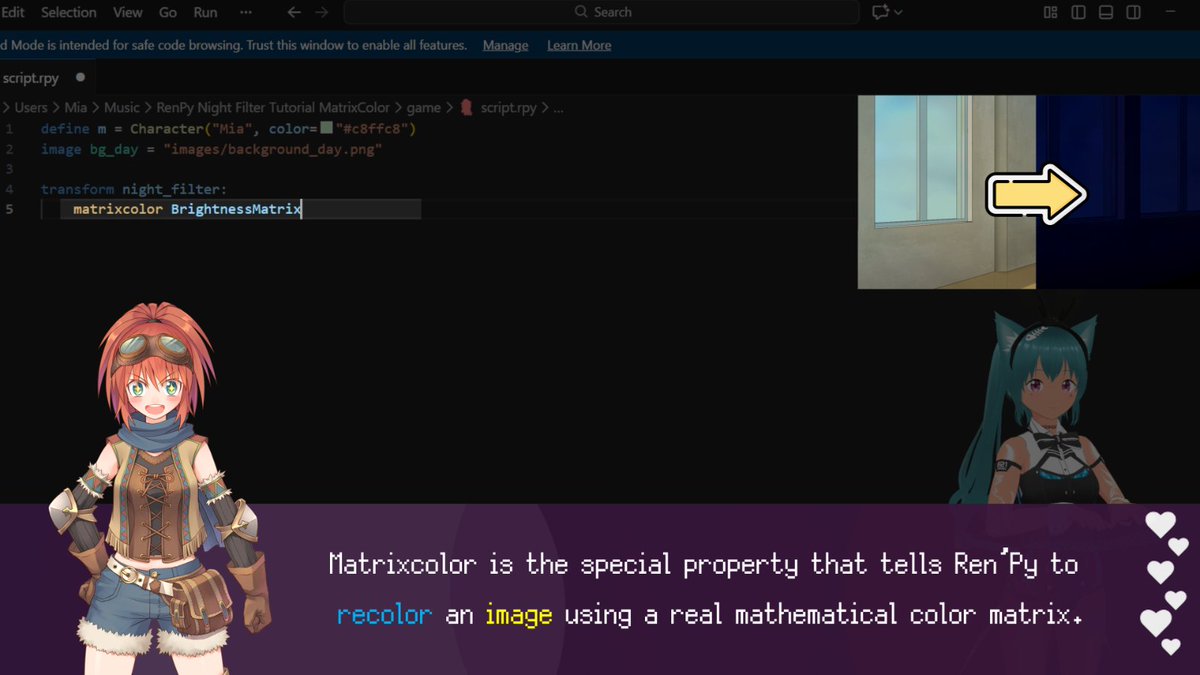 MiaCodeEx's tweet image. ~Hii Ren’Py &amp;amp; VN creators!😺

Free MatrixColor 5-min tutorial video is on the way — short, useful, purrfect for your VN! 🩵

Editing in progress, coming soon to the channel!
~Anything you want covered? Tell me 💬

~Love you🎄

#RenPy #VisualNovel #tutorial #IndieGameDev #YouTube