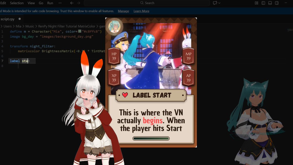 MiaCodeEx's tweet image. ~Hii Ren’Py &amp;amp; VN creators!😺

Free MatrixColor 5-min tutorial video is on the way — short, useful, purrfect for your VN! 🩵

Editing in progress, coming soon to the channel!
~Anything you want covered? Tell me 💬

~Love you🎄

#RenPy #VisualNovel #tutorial #IndieGameDev #YouTube