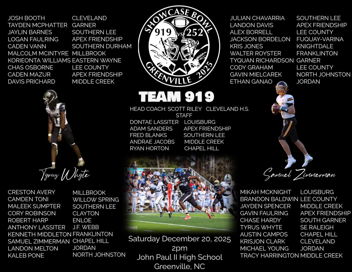 Happy to let everyone know I will be Coaching in the 
919 vs 252 Showcase Bowl in Greenville, NC on Saturday December 20th, 2025, congrats to all the young men who were selected to the team.