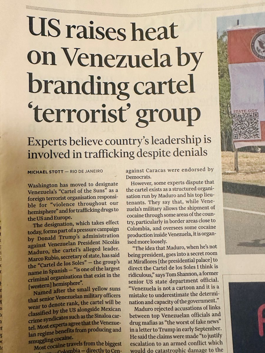 kennardmatt's tweet image. Disgraceful article in FT today regurgitating Trump’s war propaganda on Venezuela

Quotes Jeremy McDermott, co-founder of @InSightCrime, the notorious US State Dept-funded outlet

The media is doing same job for Trump it did for Bush in Iraq. “Cartel of the Suns” is the new WMD