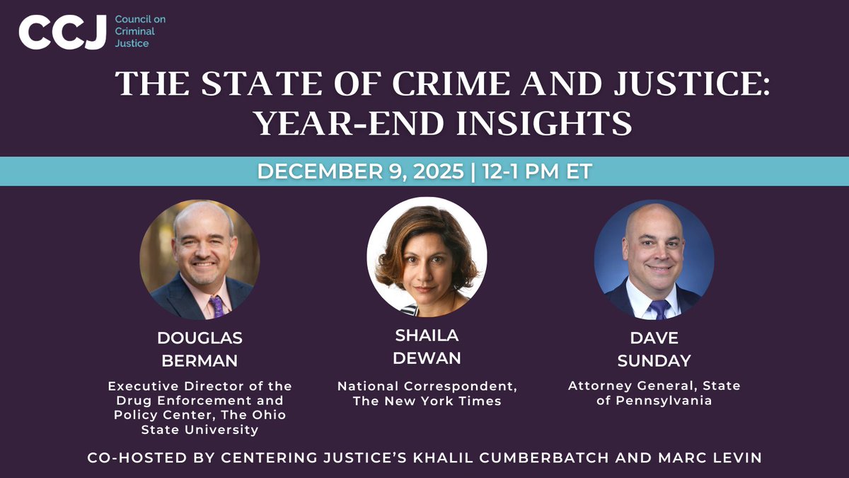 CouncilonCJ's tweet image. What were the top issues facing the criminal justice field in 2025 and what might we expect in 2026?

🗓️Join us 12/9 at 12pm ET for a CCJ Centering Justice webinar featuring Douglas Berman (@SLandP), @shailadewan, and @PAAttorneyGen: events.zoom.us/e/view/w1jBIos…