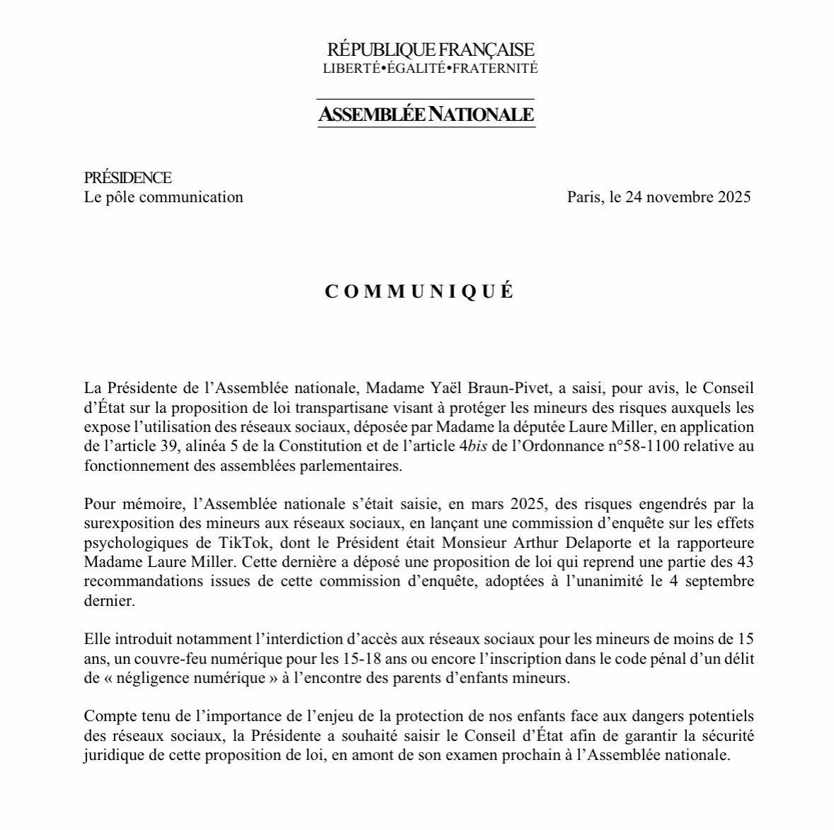 🔴🇫🇷 ALERTE INFO | Yaël Braun Pivet a annoncé saisir le Conseil d'État pour l'utilisation des réseaux sociaux par les mineurs. 
Ça commence.