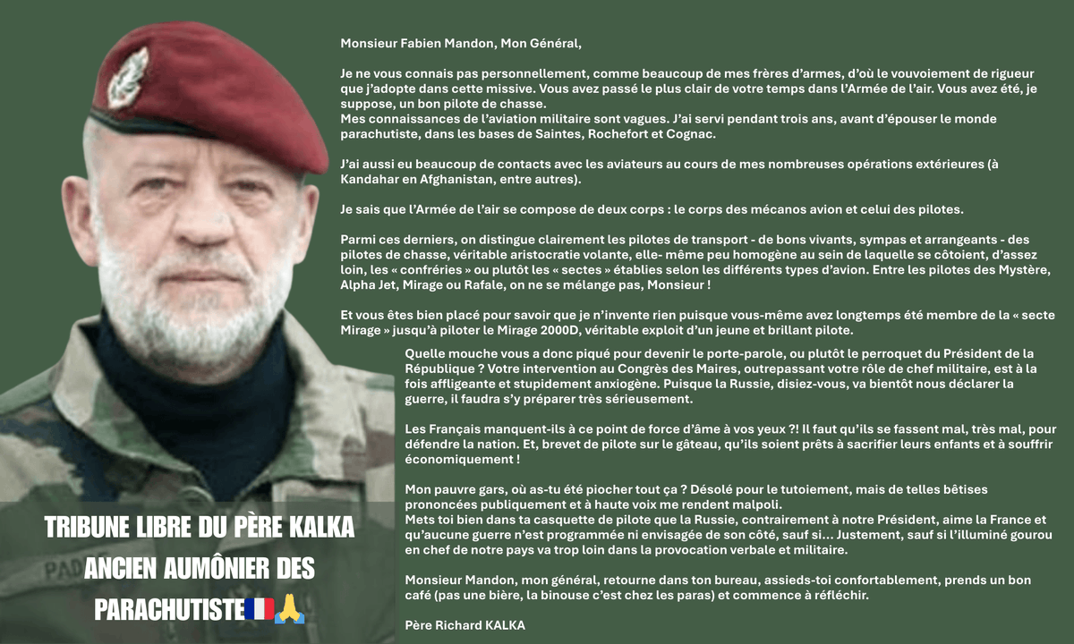 france_soir's tweet image. 🪖vs🕊️« Sacrifier nos enfants pour une guerre que la Russie ne veut pas ? » Le père Richard Kalka, ancien aumônier paras, remet vertement les pendules à l’heure au général Mandon dans une tribune cinglante et fraternelle. Analyse du Collectif citoyen. francesoir.fr/politique-fran…
