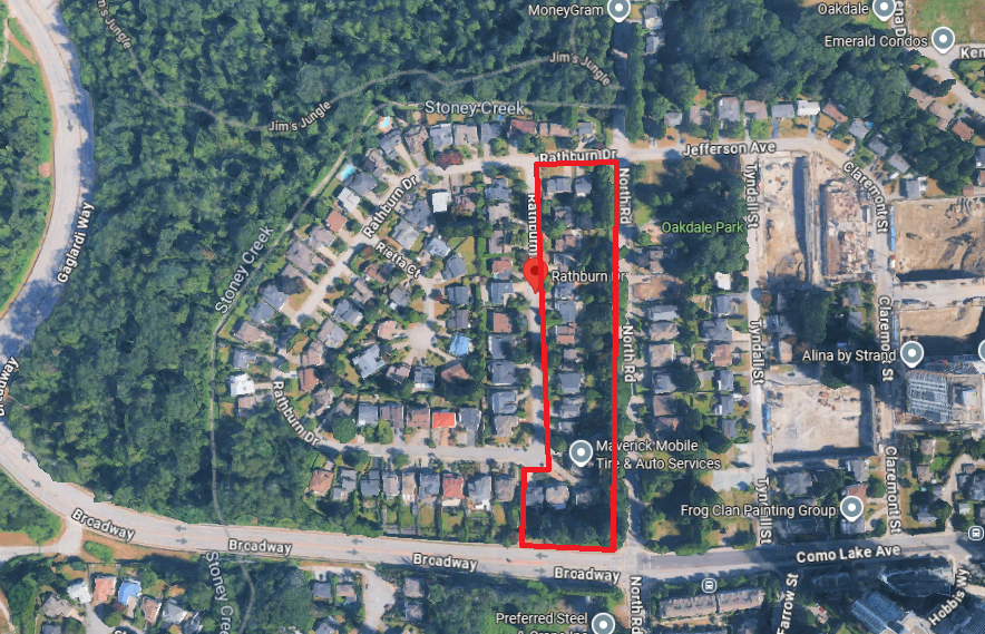 metrotowner's tweet image. 1/⚡️Nov 2025, Tracking #Burnaby's #Rathburn neighbourhood transformation.

#OCP2050 opened Rathburn on North Rd to 12 storeys and the rest to 8 storeys, right up to the salmon habitat of Stoney Creek. Within a year, all North Rd owners (red) agreed to sell; incl. 2007 builds.