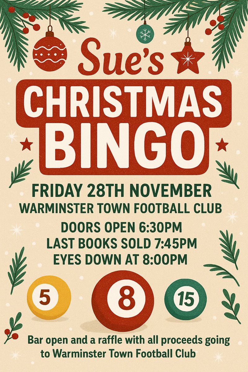 🎄 Sue’s Christmas Bingo! 🎄

No midweek fixtures? Come along and enjoy a festive night out this Friday 28th November!

Doors open: 6:30pm
Eyes down: 8:00pm

All proceeds go to Warminster Town, come and support your local team this Christmas🔴⚫️