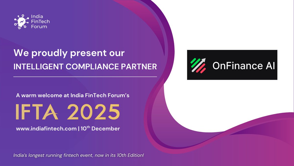 India_Fintech's tweet image. We are thrilled to announce @OnFinance_ai as the Intelligent Compliance Partner for the 10th edition of the India FinTech Awards (IFTA) 2025! 🎉

Event details:
Date: 10th December 2025
Venue: Aurika, LemonTree Group of Hotels, Mumbai

#IFTA2025 #FinTech #IndiaFinTechForum