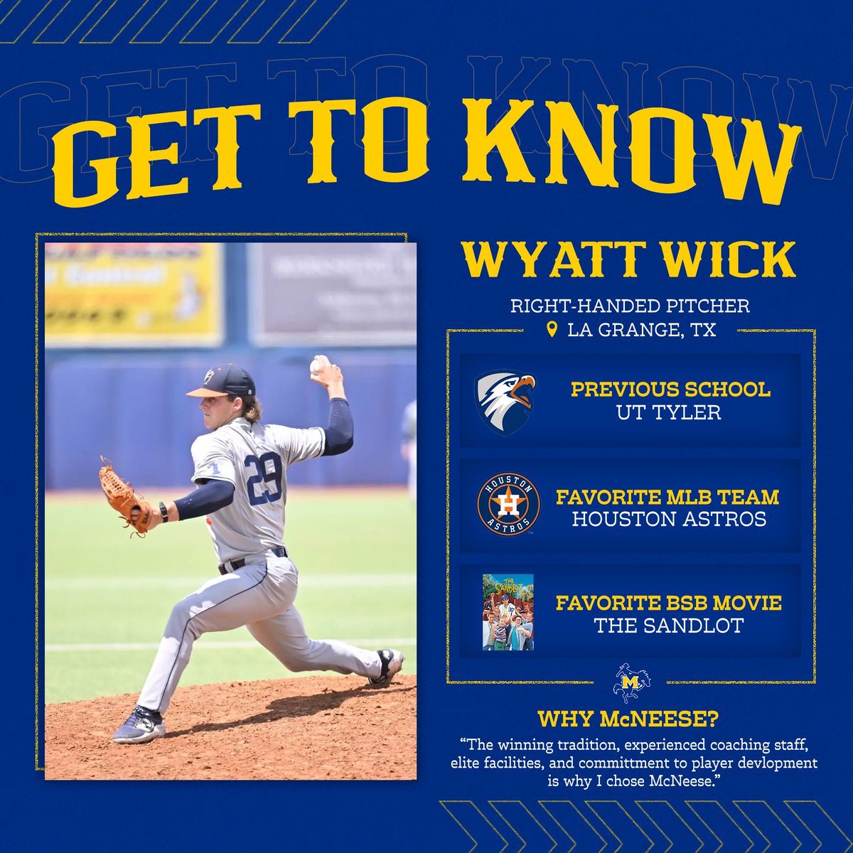McNeeseBaseball's tweet photo. Get to Know: Wyatt Wick 🤠⚾️

Wick, a right-handed pitcher from La Grange, Texas, joins the program after competing for several seasons at UT-Tyler. 

During his time with the Patriots, he appeared in 18 games, including 14 starts. 

In 2023, Wyatt also gained summer-ball experience with the Brazos Valley Bombers of the Texas Collegiate League.

#GeauxPokes
