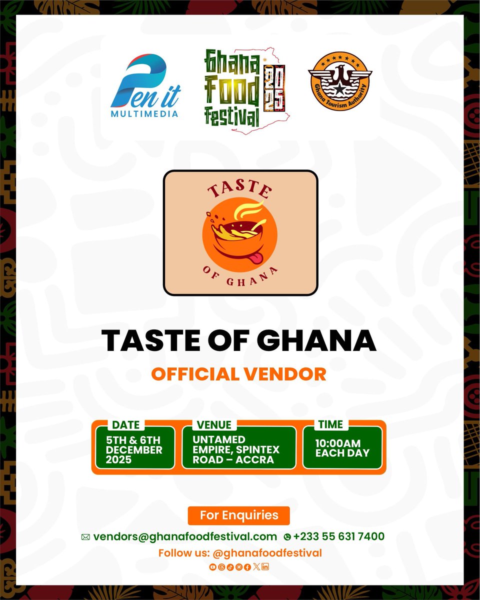 We’re thrilled to welcome Taste of Ghana to the Ghana Food Festival 2025! 😋✨

Get ready to indulge in their sizzling Ghanaian local foods such as Fufu, banku, Kenkey, etc 🇬🇭

Vendor Enquiries:
+233 (0) 55 631 7400
vendors@ghanafoodfestival.com

#Ghana #decemberingh2025