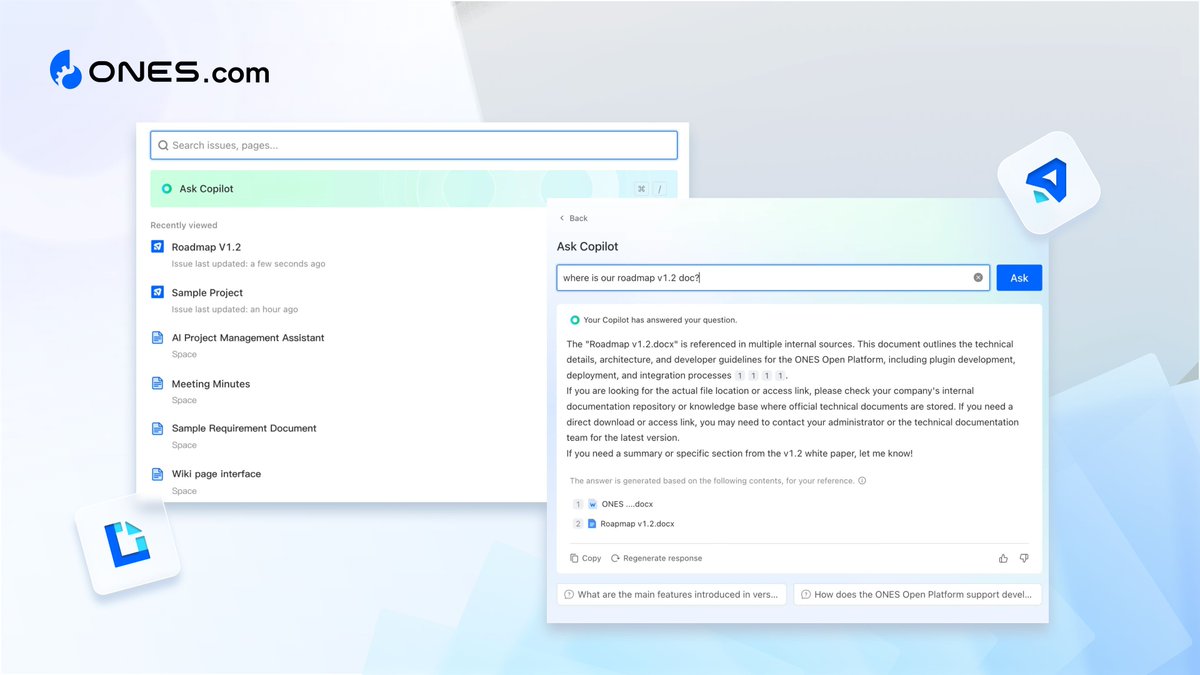 ONES_dot_com's tweet photo. Teams waste hours searching across docs.

ONES Copilot fixes that with instant insights from your workspace.

• Ask in natural language for instant answers
• Get quick summaries for long pages in seconds
• Receive responses with source links you can trust 

#FeatureHighlight https://t.co/ggymQZE7Kg