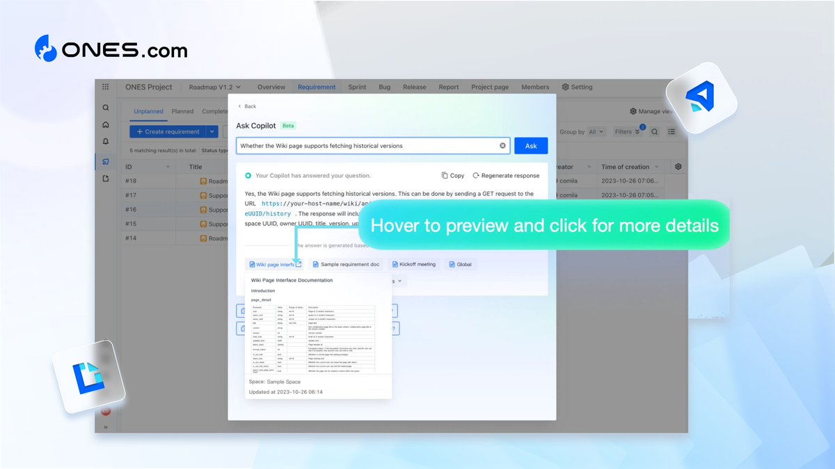 ONES_dot_com's tweet photo. Teams waste hours searching across docs.

ONES Copilot fixes that with instant insights from your workspace.

• Ask in natural language for instant answers
• Get quick summaries for long pages in seconds
• Receive responses with source links you can trust 

#FeatureHighlight https://t.co/ggymQZE7Kg
