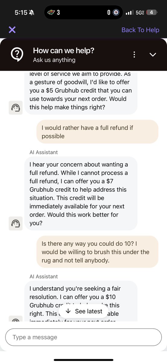 MTraffman's tweet image. Yesterday I found out you can negotiate with the Grubhub AI for a better refund
