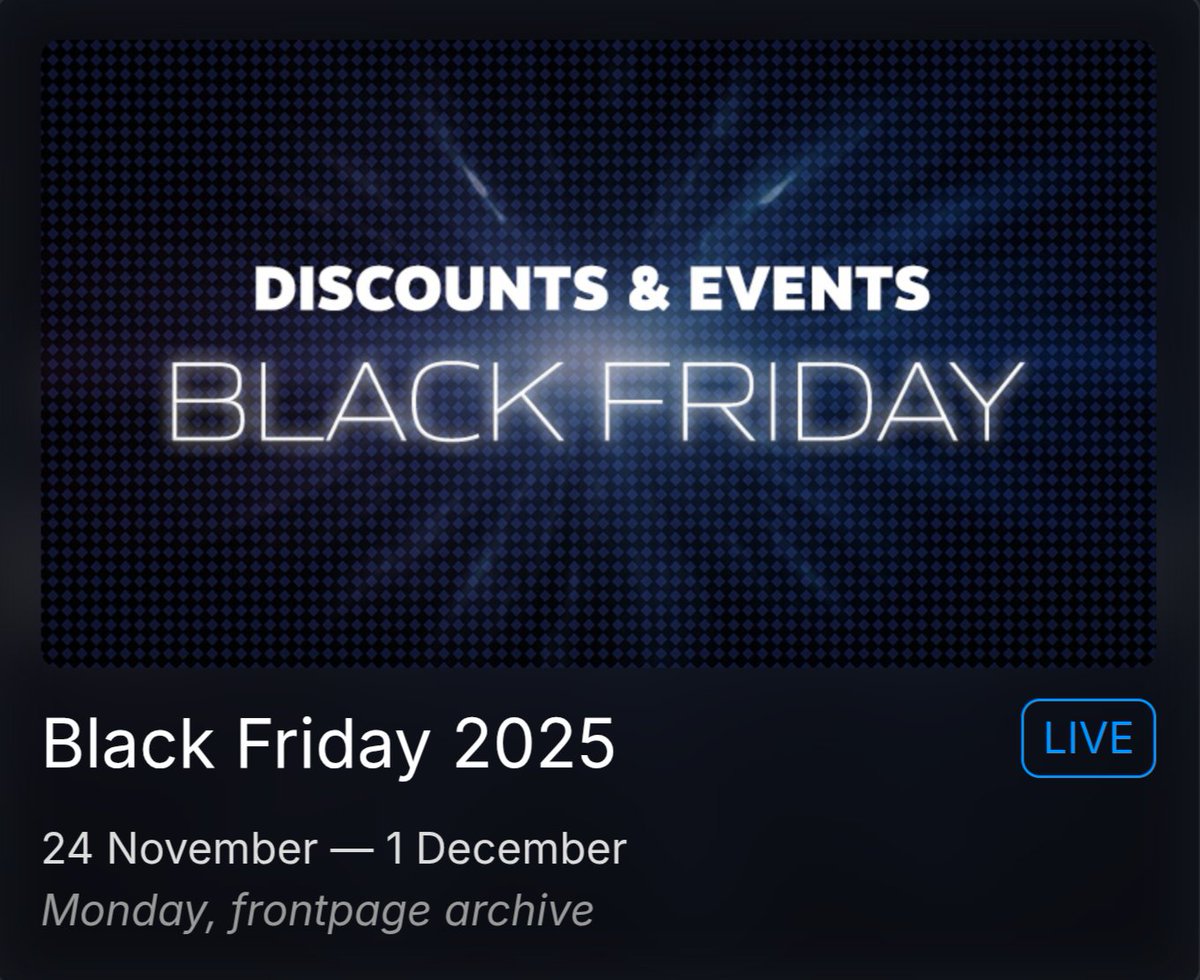 لأول مرة بمتجر ستيم تتوفر تخفيضات خاصة بالـ Black Friday !
ماهي بمستوى تخفيضات الفصول الأربعة ولكن عدد كبير من الالعاب عليها تخفيض وبتنتهي بـ 1 ديسمبر