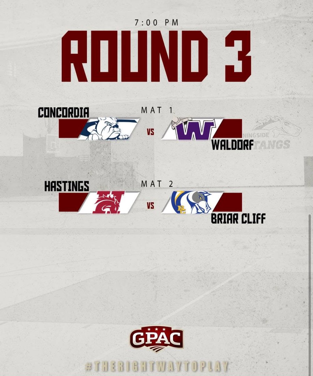 Here is the lineup for GPAC Men’s Wrestling Duals Day #1 hosted by <a href="/MsideMustangs/">Morningside Mustangs 🐴</a> on Tuesday!