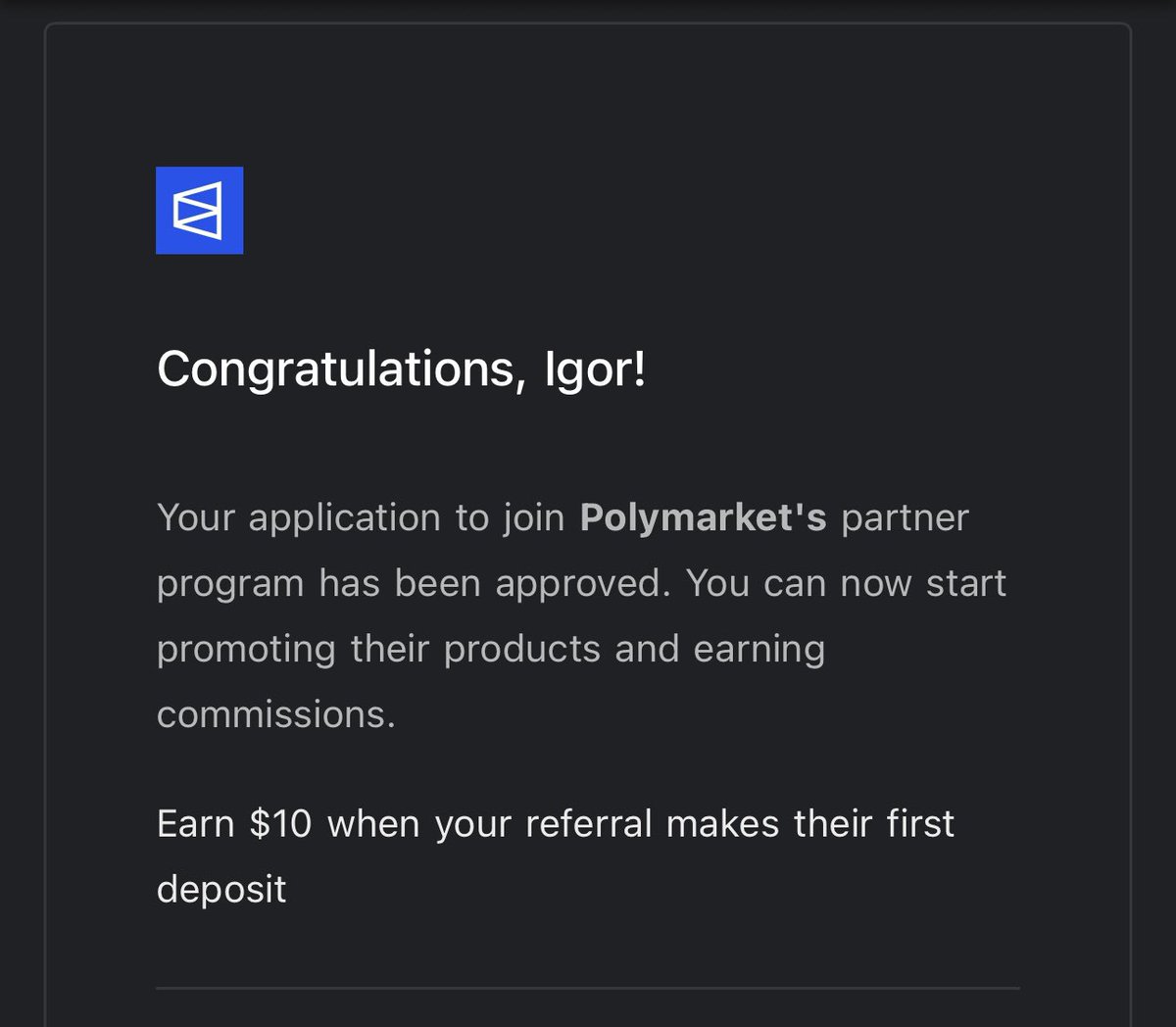 Wow, Polymarket has approved my partner program!! Very honoured to be the part of something big. Thank you <a href="/Polymarket/">Polymarket</a> ❤️

(I’m Igor btw haha)

Polymarket supercycle 🫡