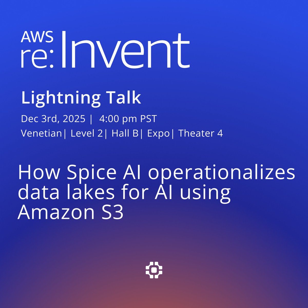 spice_ai's tweet image. ⚡Spice Lightning Talk at @AWSreInvent!

Spice Founder &amp;amp; CEO @lukekim will join John Mallory of @awscloud for &apos;How Spice AI operationalizes data lakes for AI using Amazon S3.&apos;

More info 👉 hubs.ly/Q03VHw6R0
S3 Vectors + Spice Blog 👉 hubs.ly/Q03VHsb00

#AWSreInvent