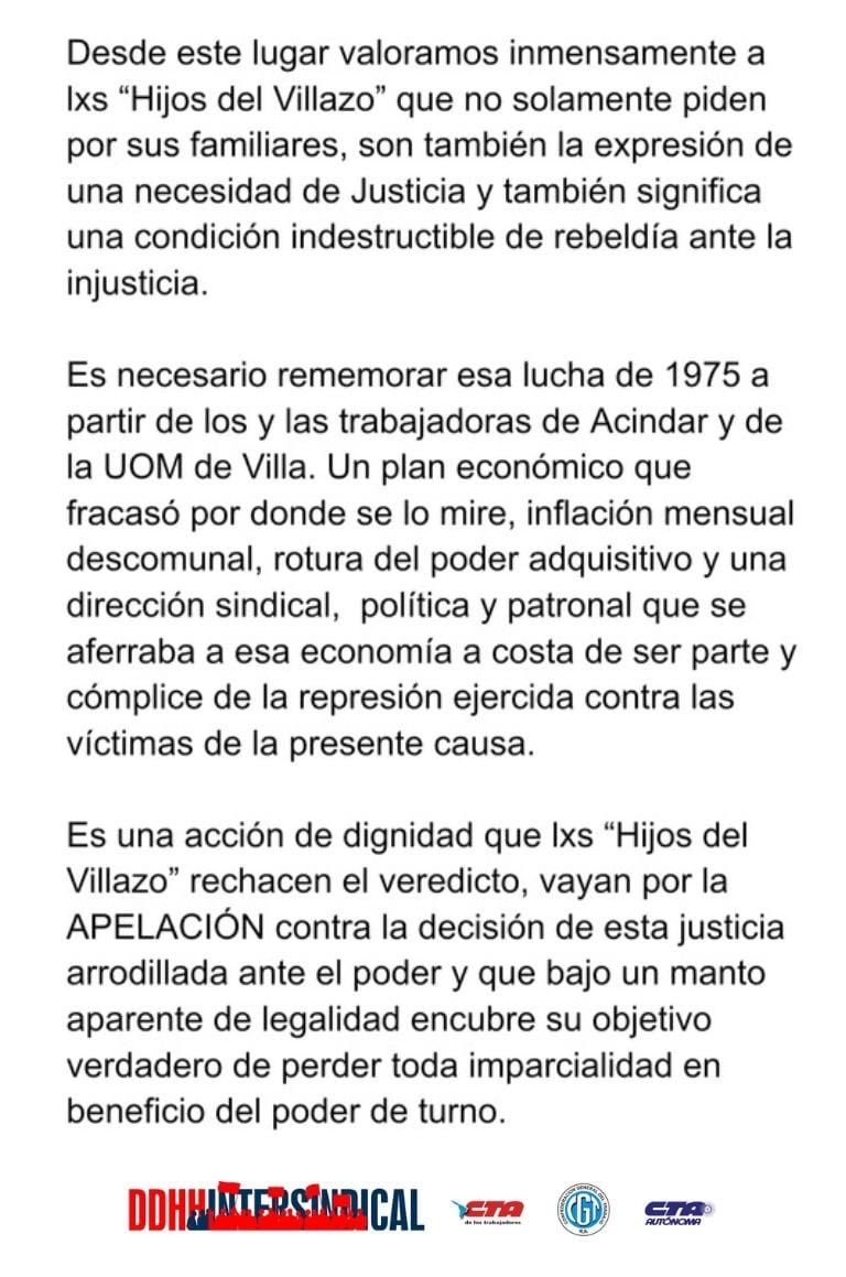 Nuestra carta de acompañamiento a Hijos de Villazo tras nefasta sentencia.
#Memoria 
#Sentencia
#Villazo