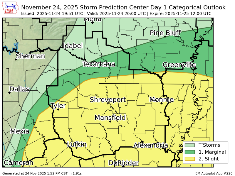 MichaelSearcy's tweet image. #SPC issues Day 1 Slight Convective Risk at Nov 24, 19:51z for SHV spc.noaa.gov/products/outlo…