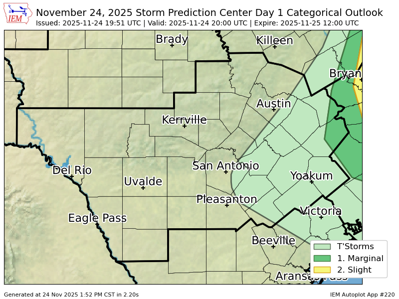 EWXBot's tweet image. #SPC issues Day 1 Marginal Convective Risk at Nov 24, 19:51z for EWX spc.noaa.gov/products/outlo…