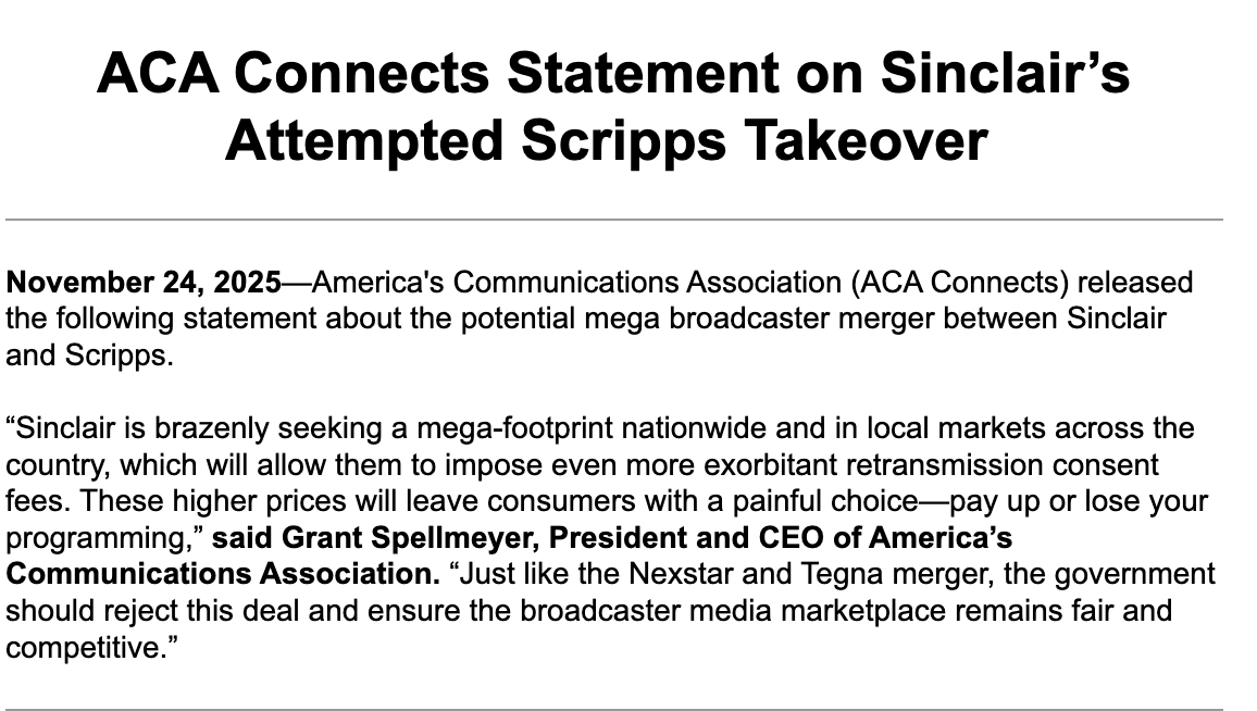 .<a href="/GRANTatACA/">Grant Spellmeyer</a> says Sinclair-Scripps merger will lead to higher pay TV bills due to concentration of market power. ACA Connects has historically been opposed to broadcast mega-mergers on this premise. $SSP $SBGI