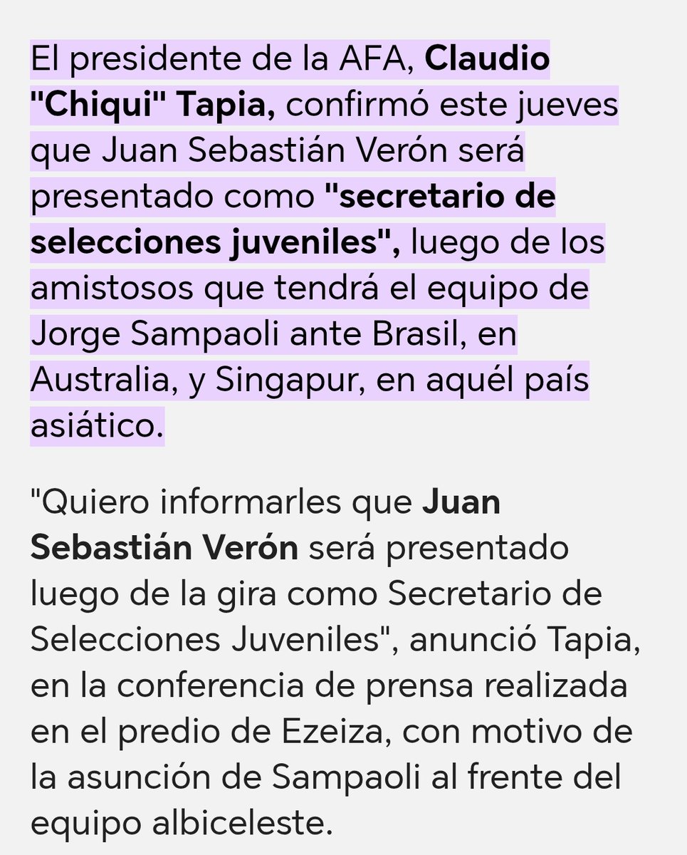 Increíble. Una de las primeras personas en las que confió Tapia al llegar a AFA (2017) fue en Juan Sebastián Verón. Tras su asunción nombró a la Brujita como Secretario Selecciones juveniles. Y así llegó Luis Martín (profe de Scaloni) tal como lo cuenta <a href="/diegoborinsky/">Diego Borinsky</a> en su libro