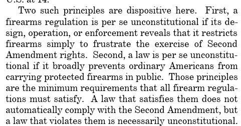 米国は、銃器携帯法がそれ自体違憲であるかどうかを表面的に判断するための基準として、2つの高水準の原則を提案している。
まず、その主な目的は、憲法修正第2条の権利の行使を妨害することだったのでしょうか?
第二に、この法律は一般のアメリカ人
