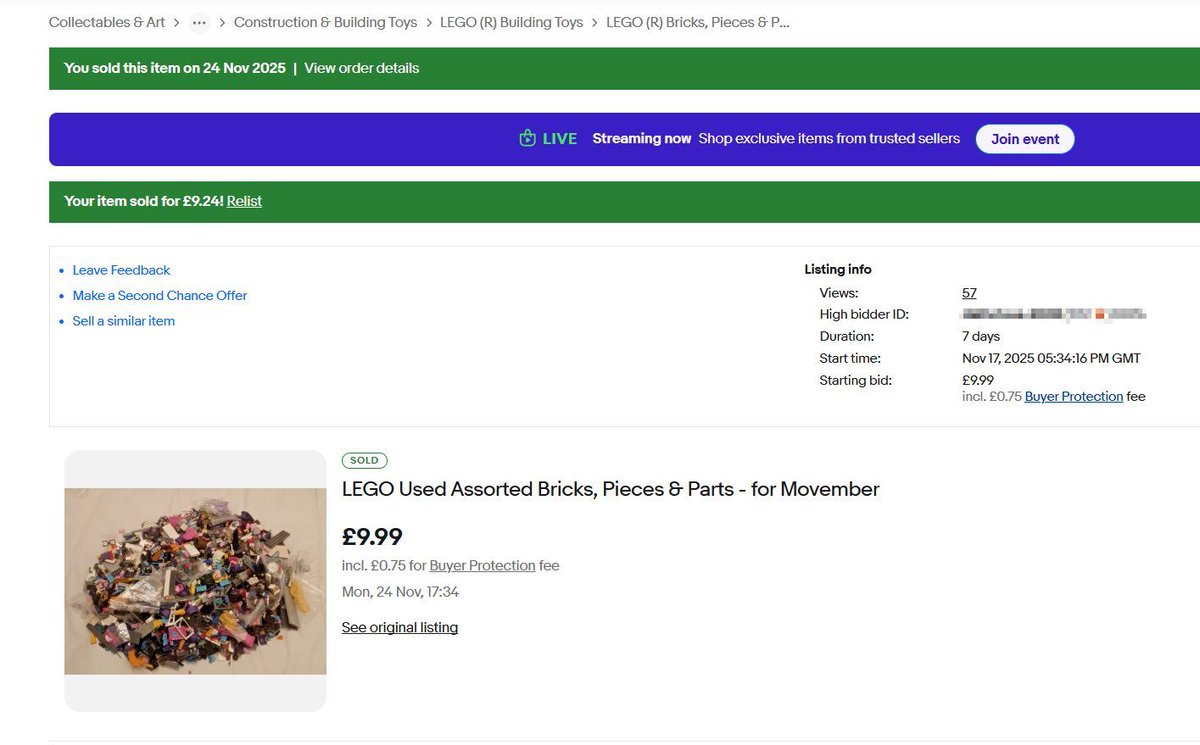 I've just sold a box of #LEGO to raise money for <a href="/MovemberUK/">Movember UK</a> this year. While I'm #disappointed (but not surprised) at how low the final price was, it's still money raised for a men's #charity. Plenty to learn from for next time.